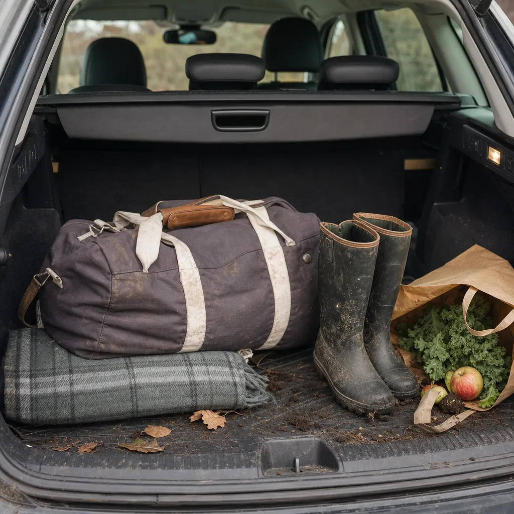 Blandad packning i bagageutrymme med duffelbag och hopvikt picknickfilt