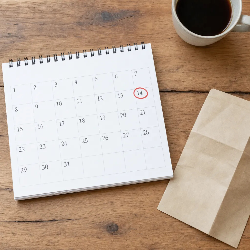 Pappersväggkalender med markerad dag och vikt papper på bord vid kaffekopp