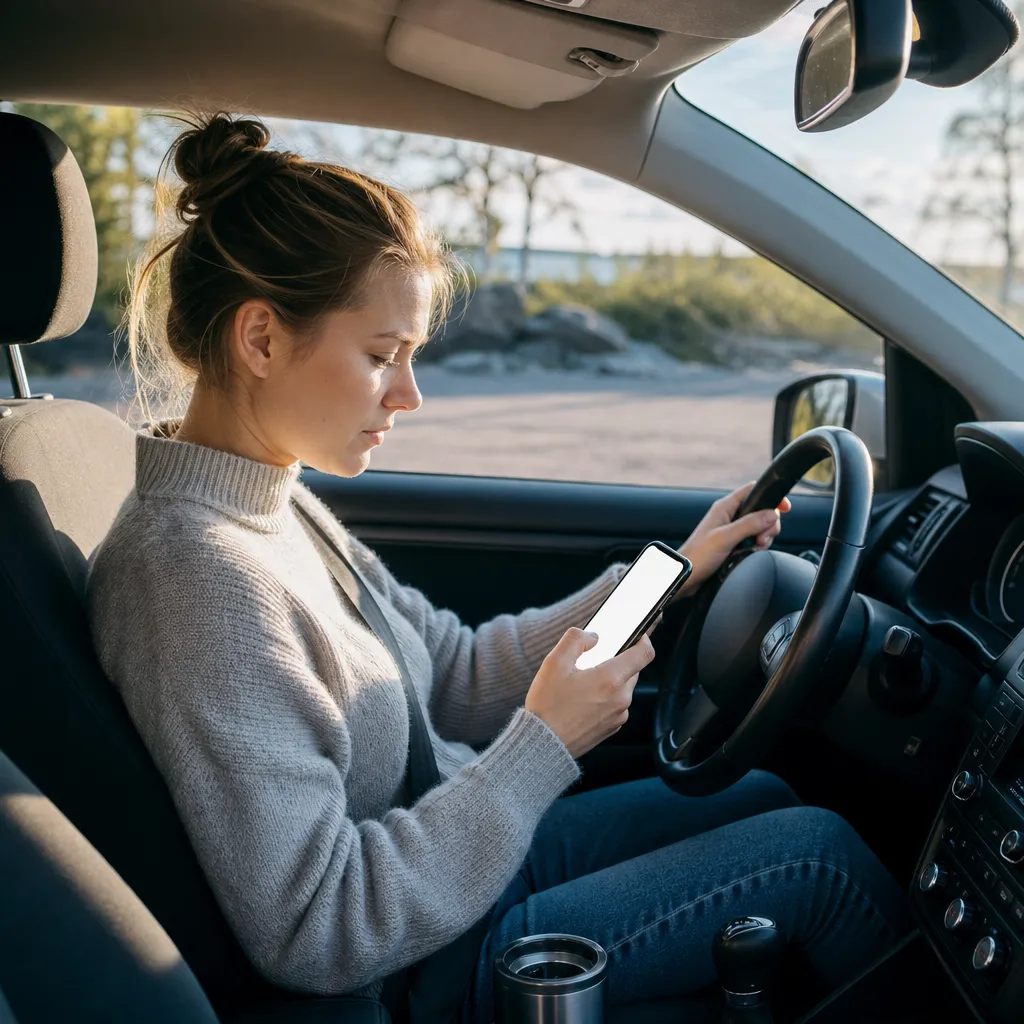 Bilförare som tittar ner på mobilen i förarsätet