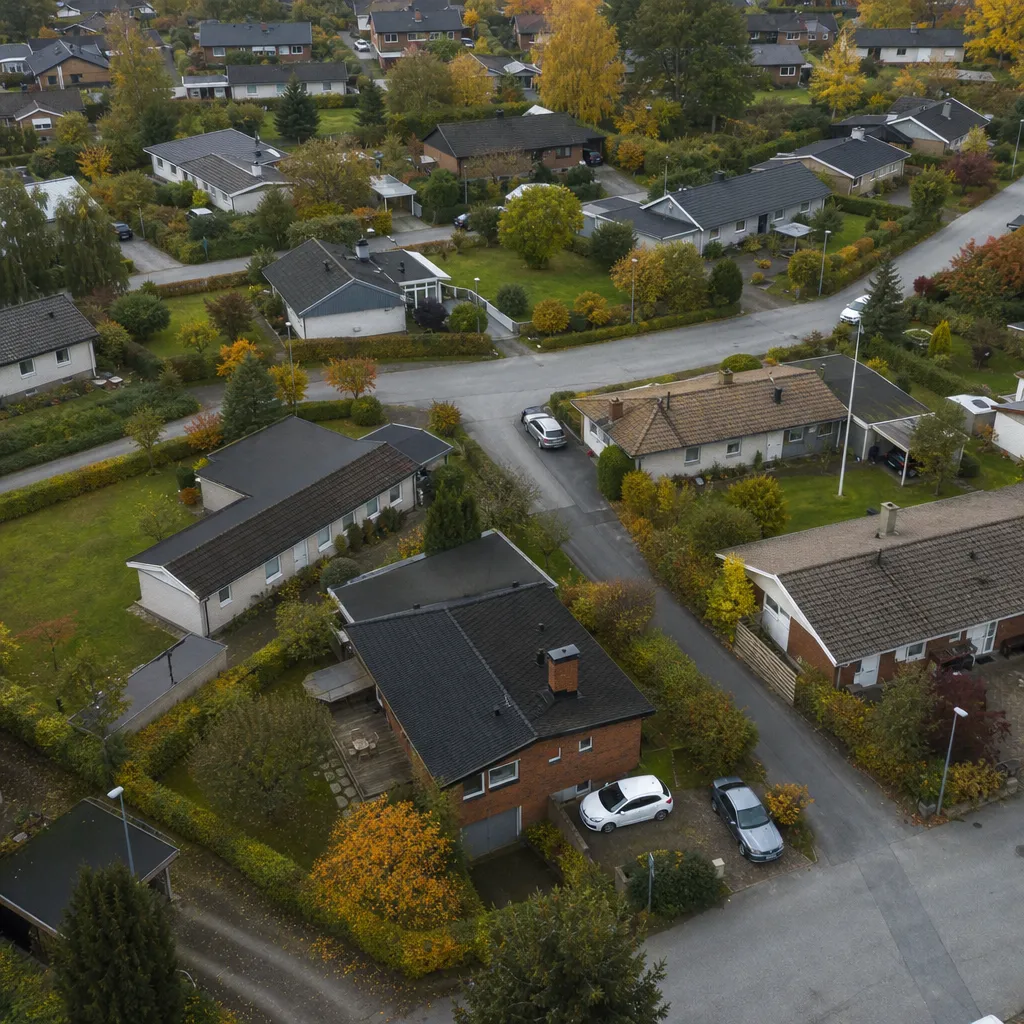 Svenskt villaområde från ovan med rader av enfamiljshus och bilar