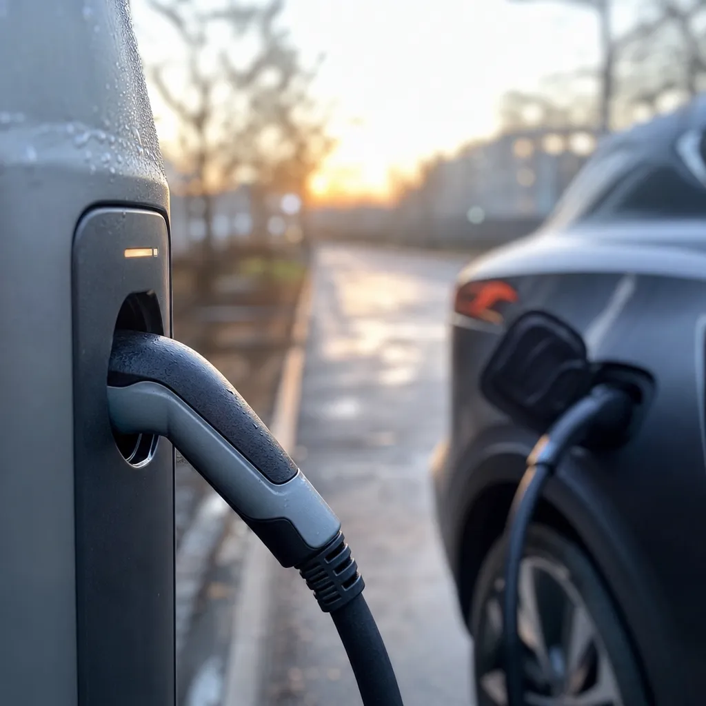 Laddstolpe med kabel inpluggad i elbils laddport i morgonljus