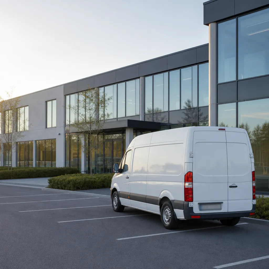 Vit skåpbil parkerad utanför enkel modern kontorslokal med glasfasad