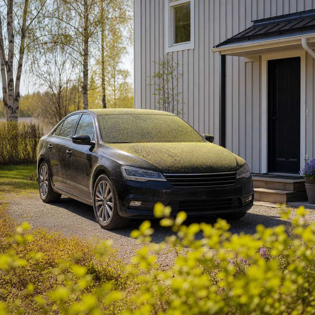 Bil med pollen på vindrutan parkerad i uppfart vid svenskt typhus