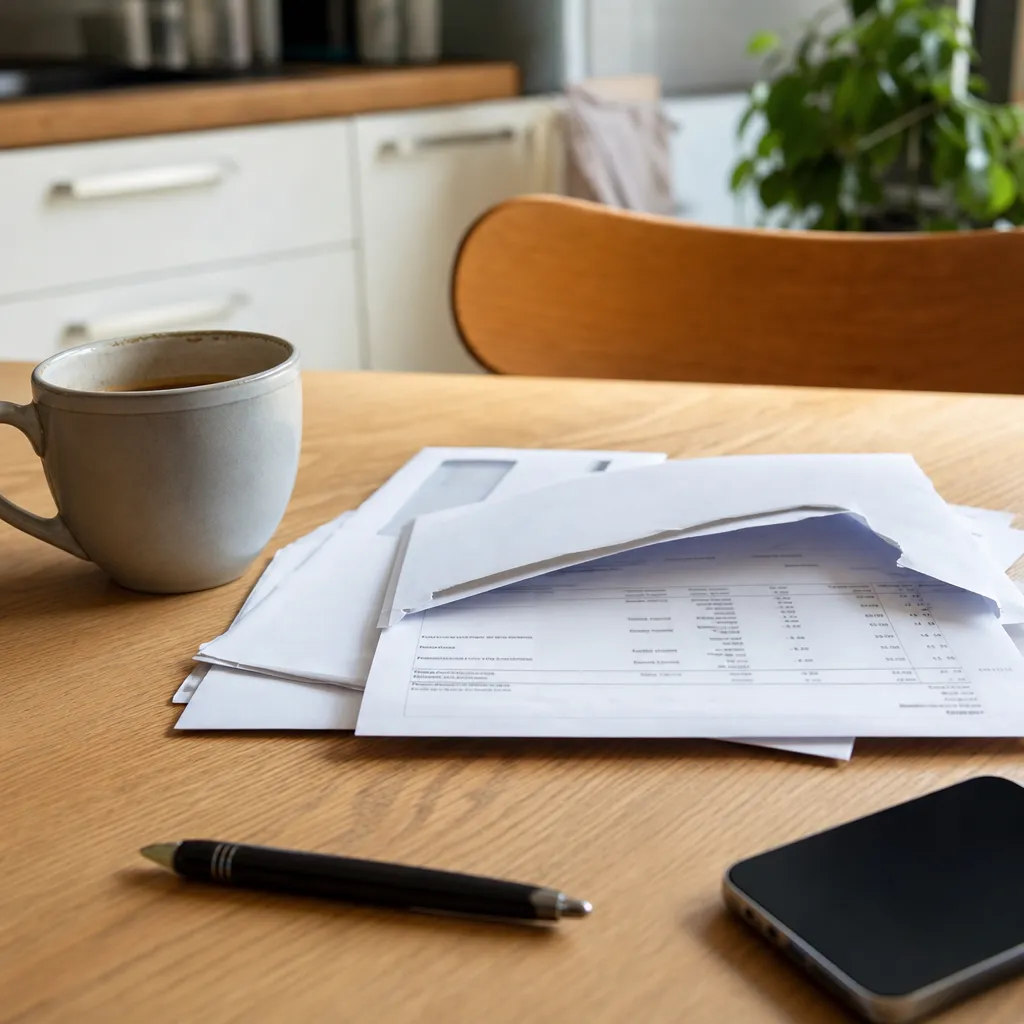 Fakturapapper i kuvert med kaffekopp och mobiltelefon på köksbord