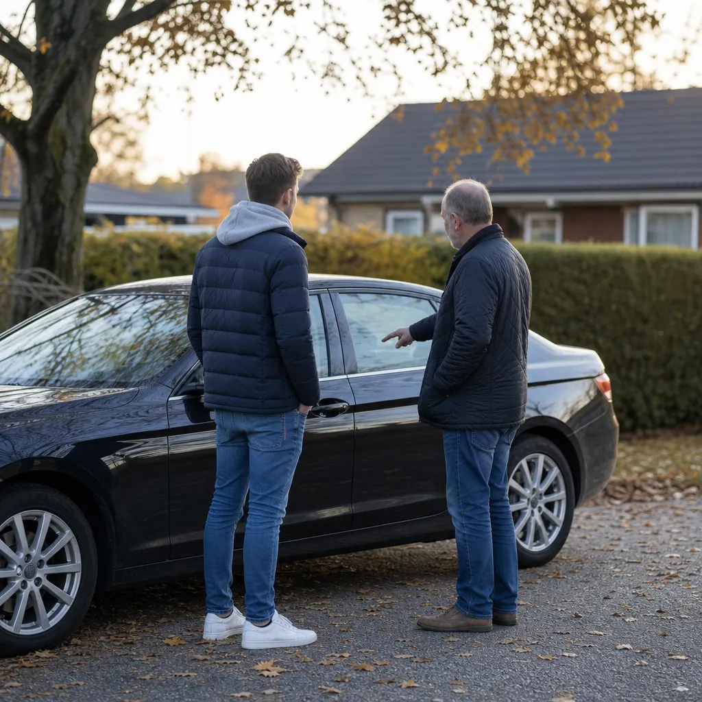 Två generationer förare bredvid en mörk personbil i villakvarter