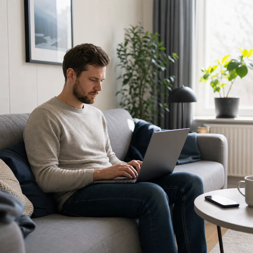 Person sitter med bärbar dator i knät på en ljus skandinavisk soffa, mobil bredvid