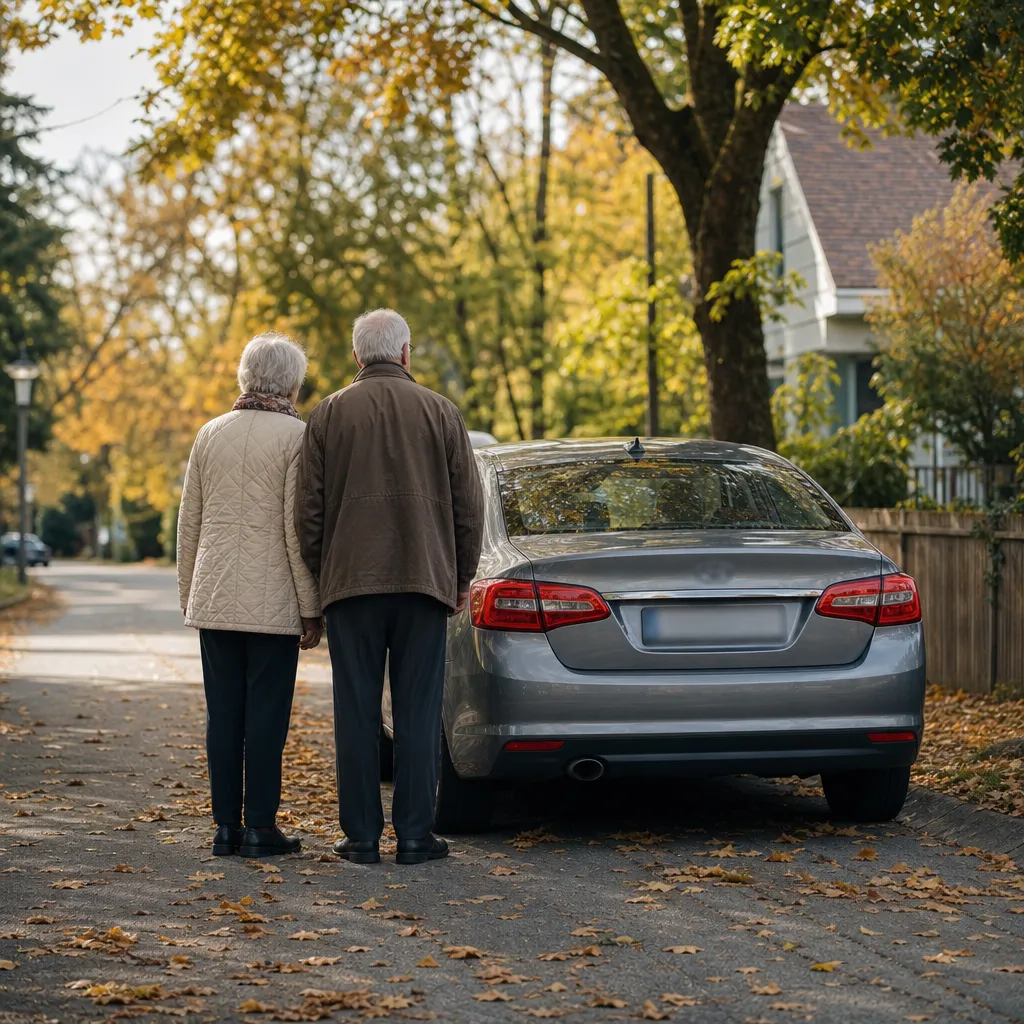 Äldre par sett bakifrån står vid en sedan på lugn villagata med höstlöv