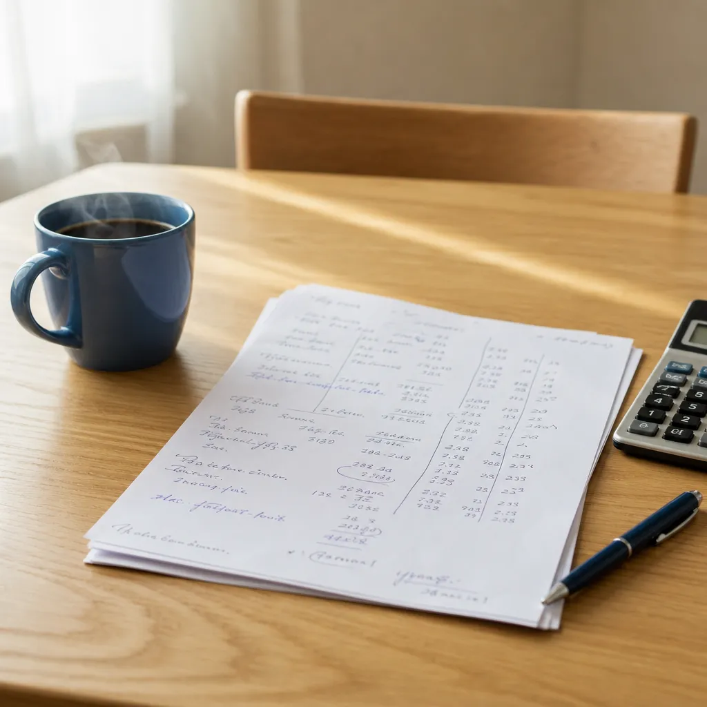 Anteckningar med siffror, miniräknare och kaffekopp på ett ekbord