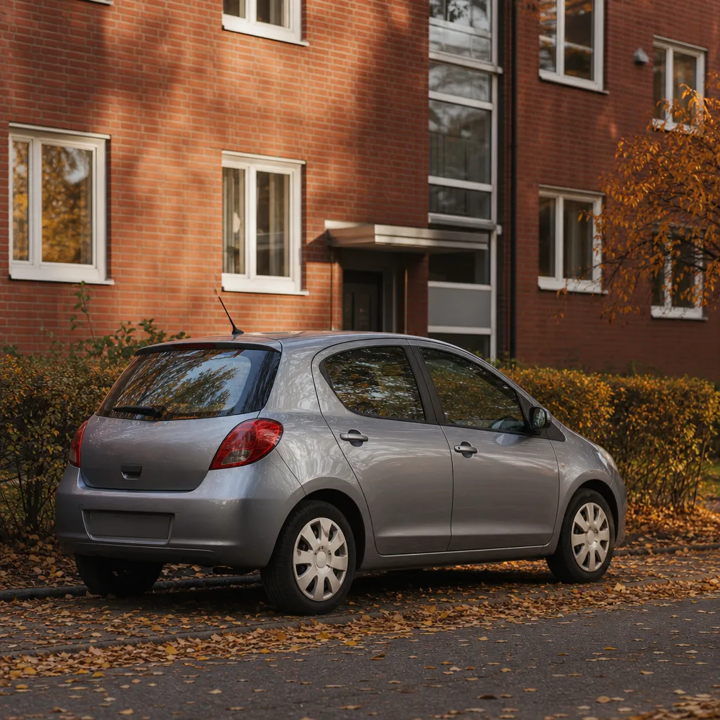 Kompakt bil parkerad utanför svenskt studentbostadshus i tegel med höstlöv