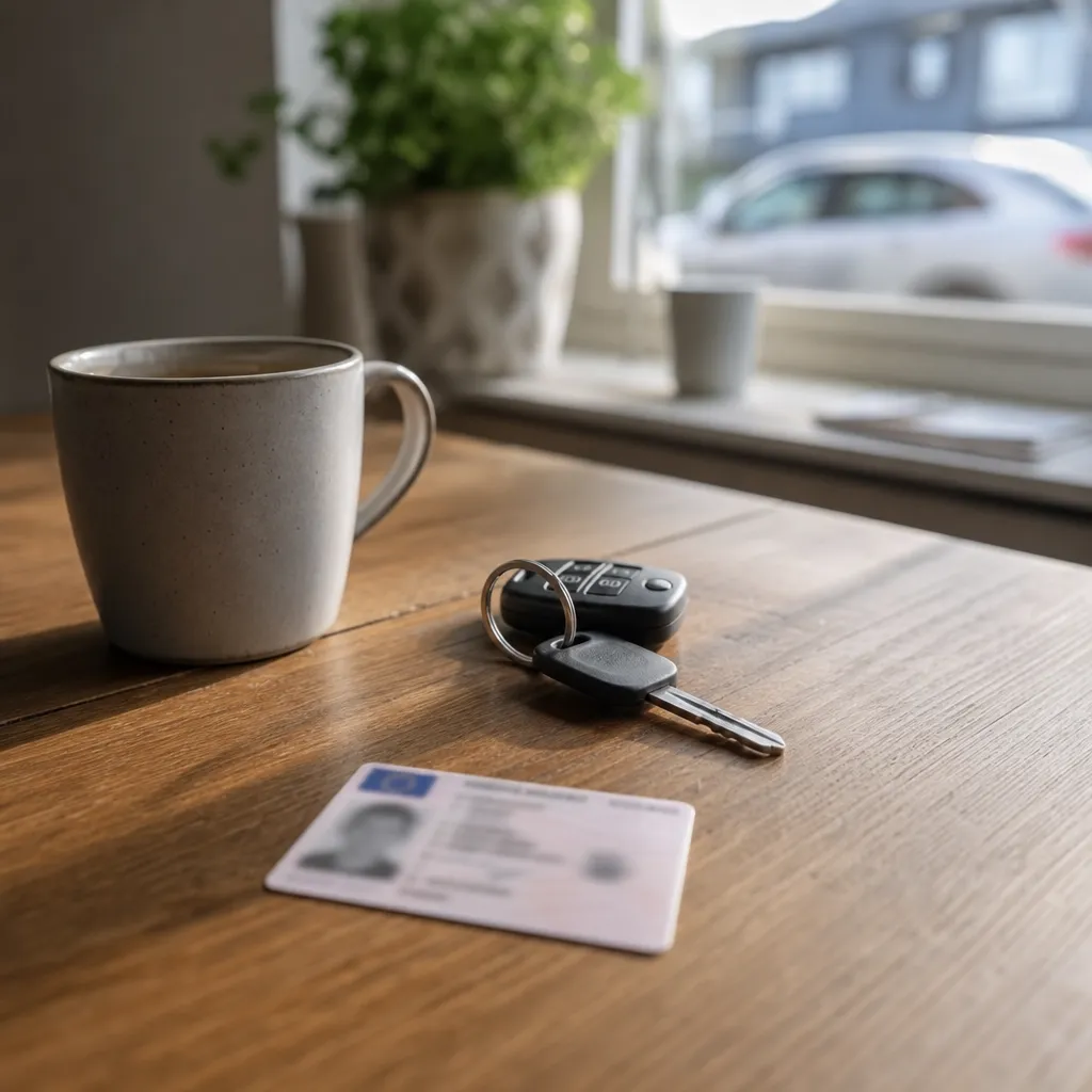 Färskt körkort på köksbord bredvid bilnycklar och kaffekopp