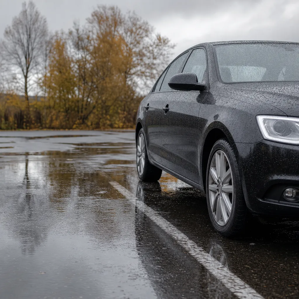 Bil på blöt parkering med stora vattenpölar efter kraftigt regn