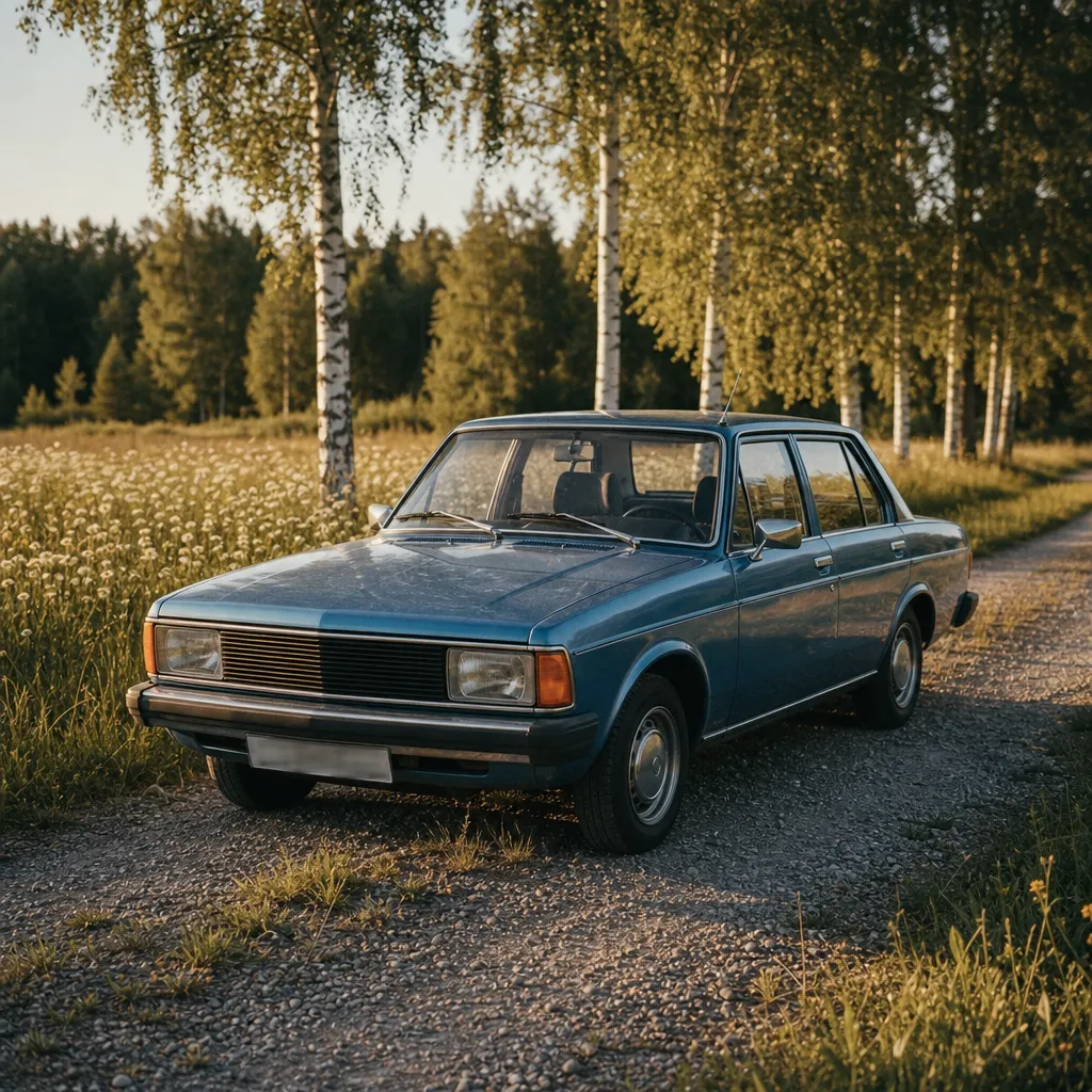 Klassisk svensk sedan från 1970-talet i metallicblå på grusväg vid sommaräng med björk