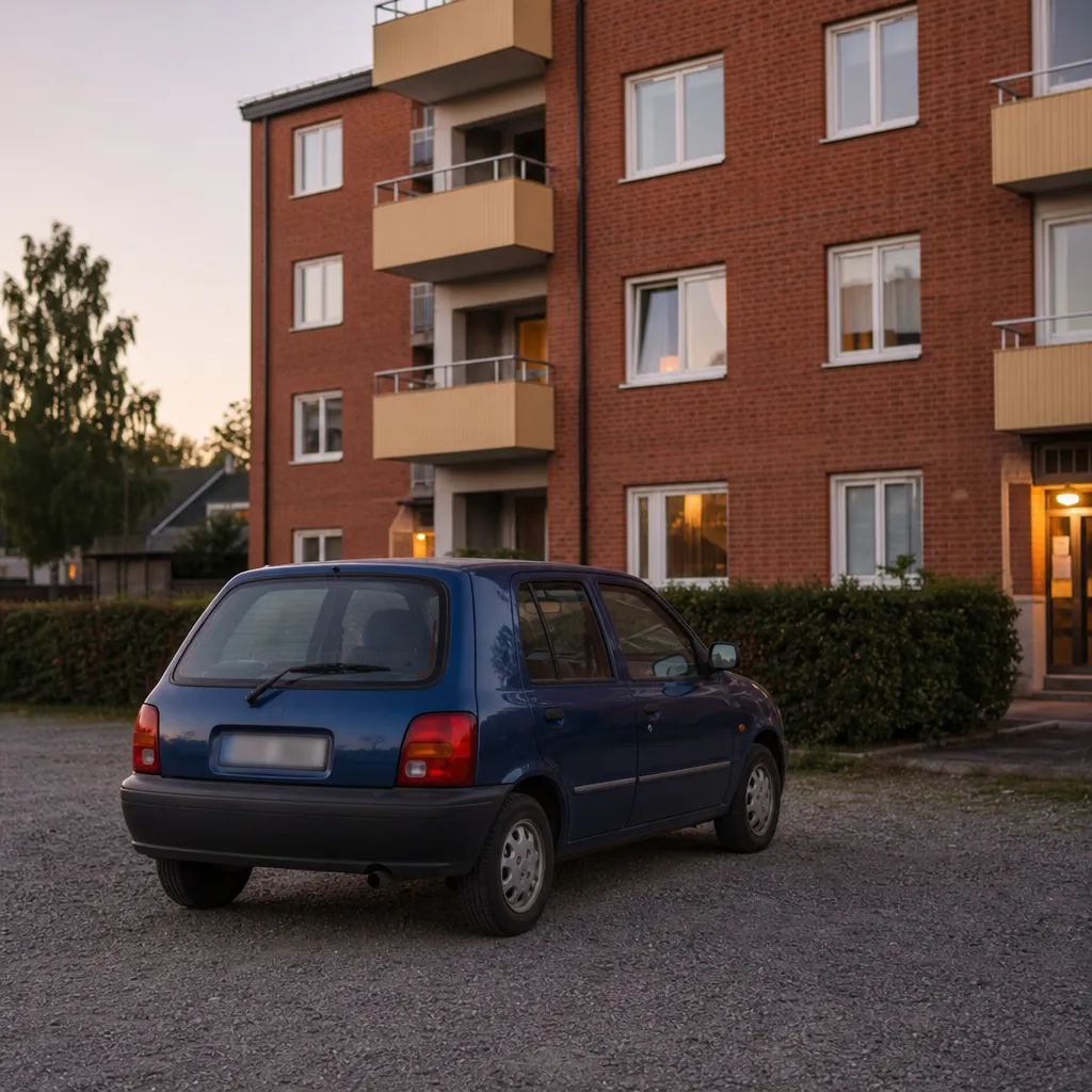 Liten begagnad bil parkerad på grusplan utanför svenskt flerfamiljshus