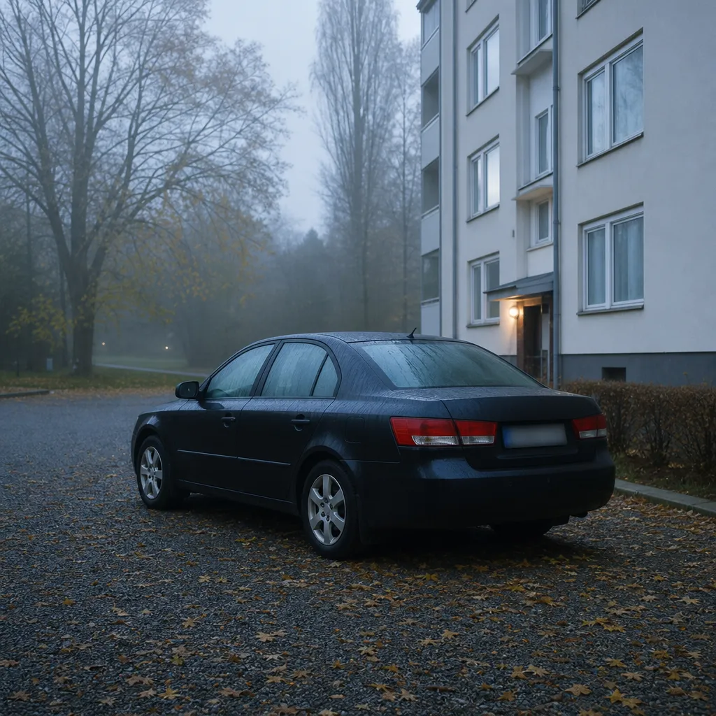 Mörk personbil parkerad på grusplan i nordisk höstmiljö