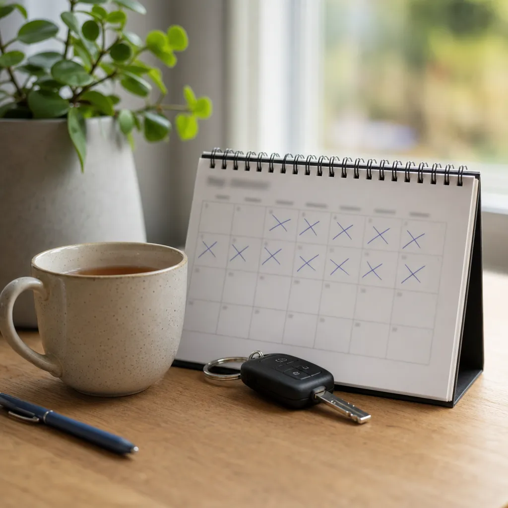 Kalender med överstrukna datum, tekopp och bilnyckel