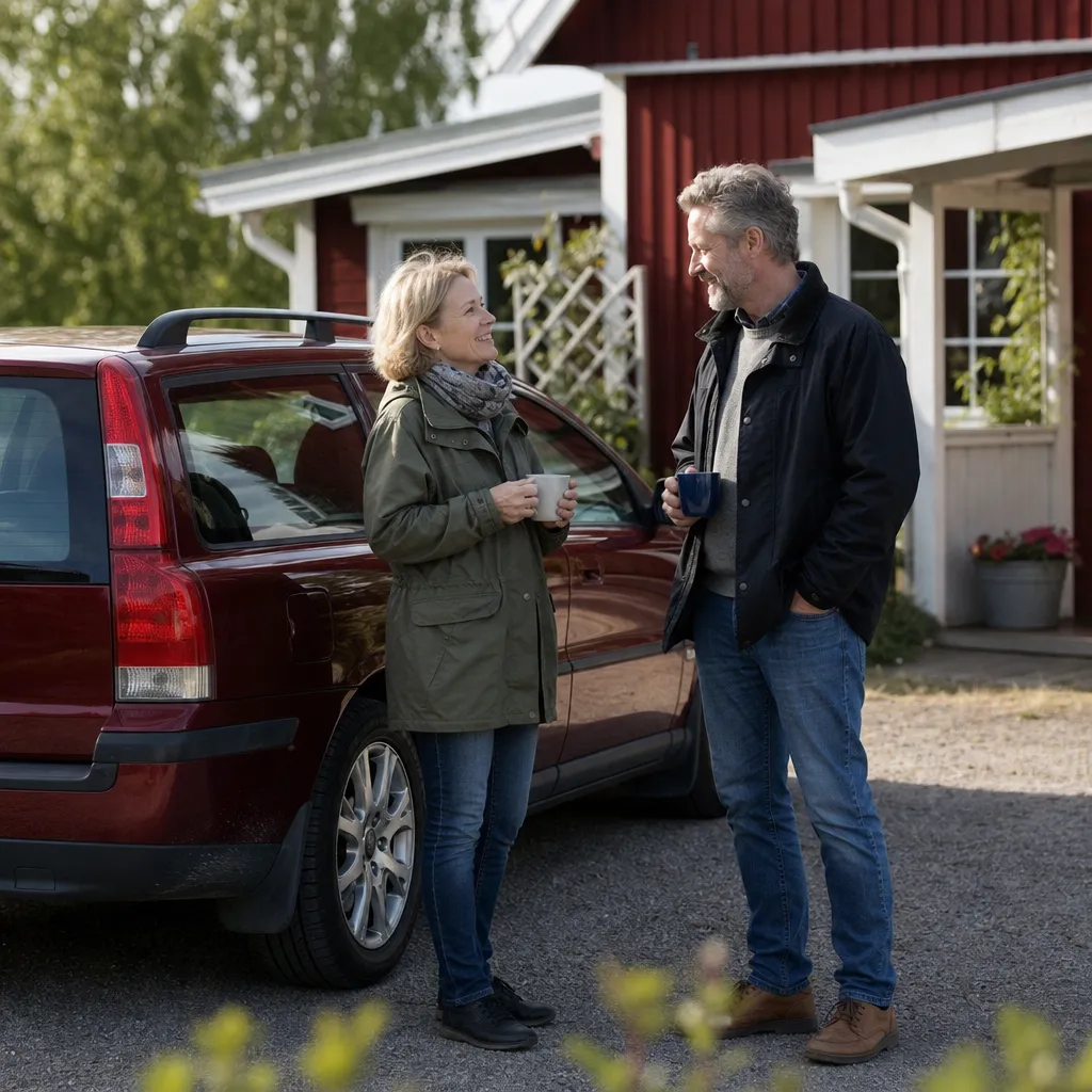 Par står vid en mörkröd familjekombi på en grusgård utanför ett rött trähus en vanlig vardag