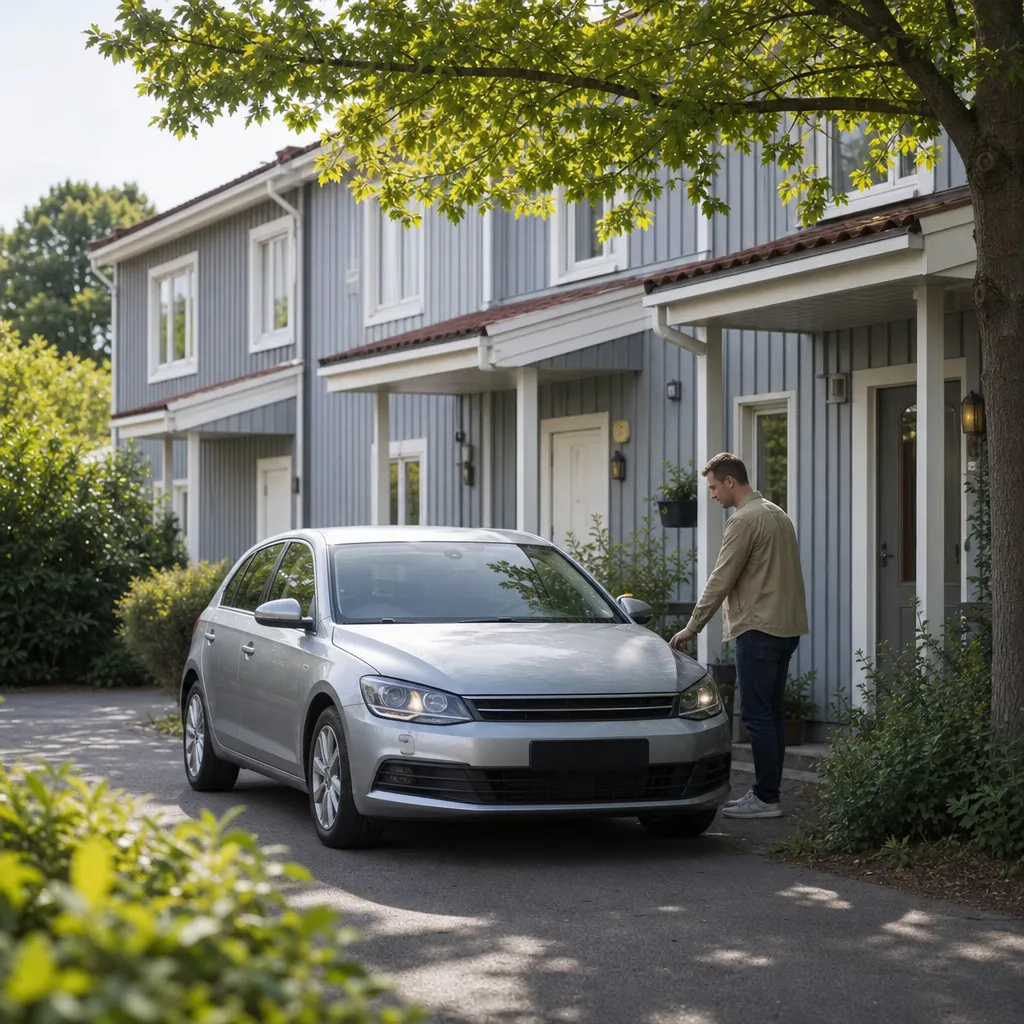 Silverfärgad personbil parkerad framför ett svenskt radhus i ett bostadsområde