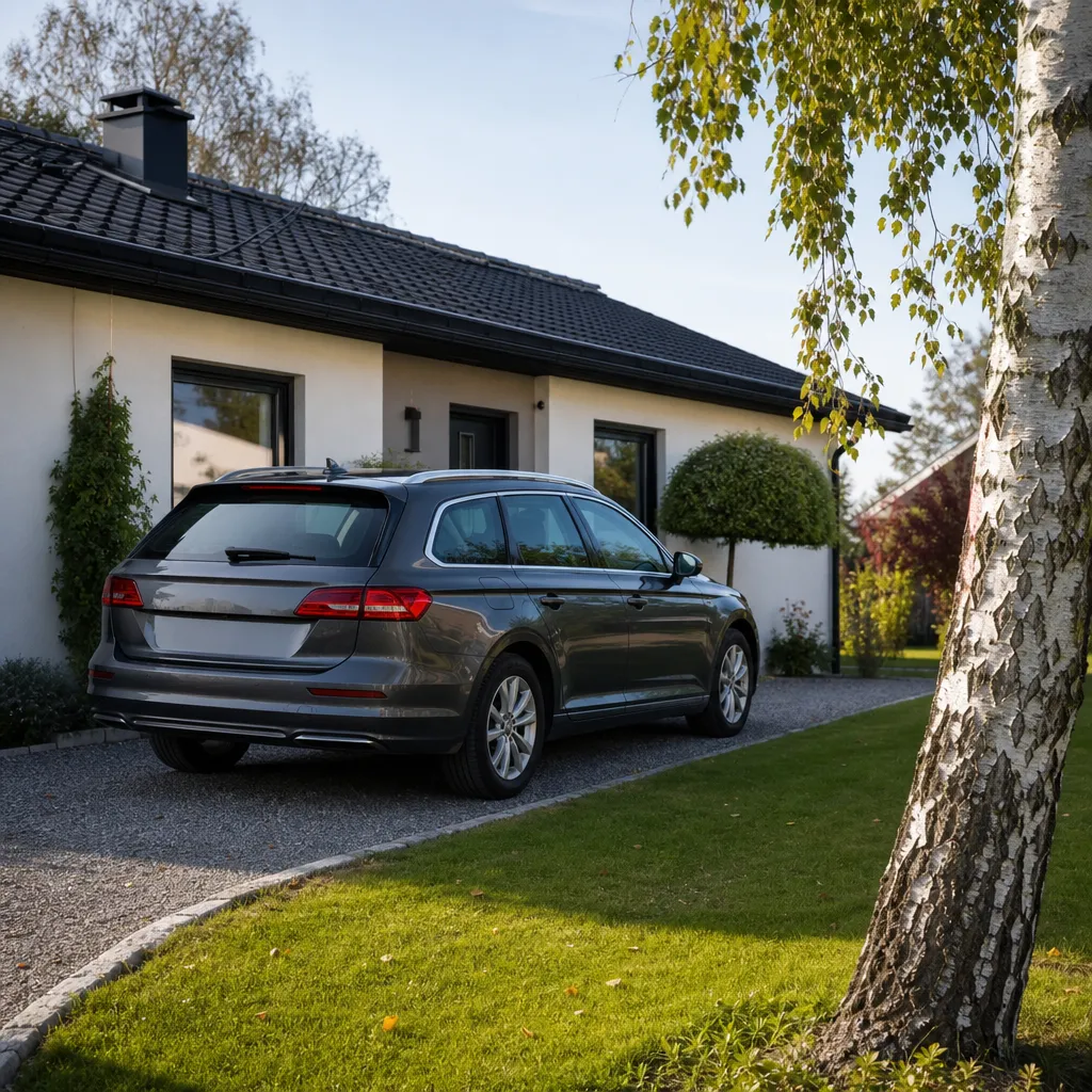 Familjebil parkerad utanför svenskt enplanshus med björk vid sidan