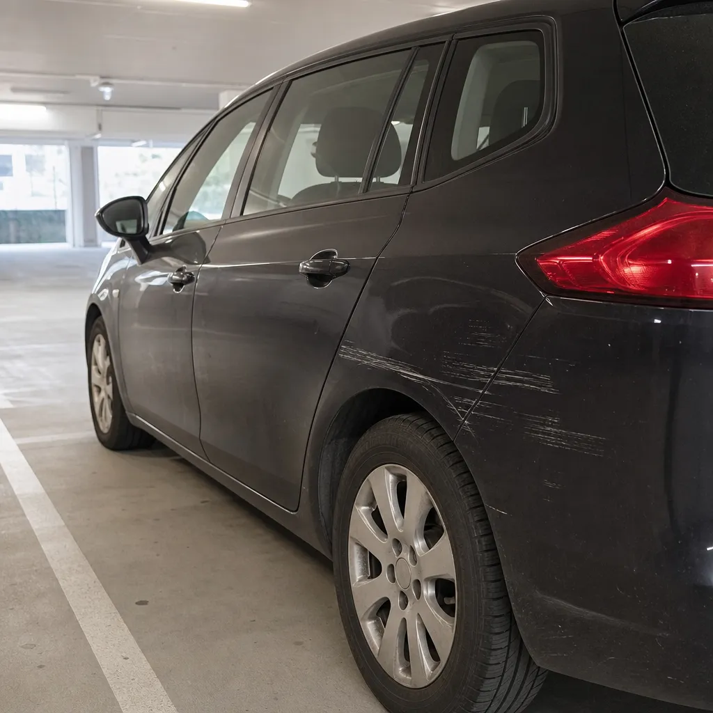 Bil parkerad i parkeringshus med subtilt repspår