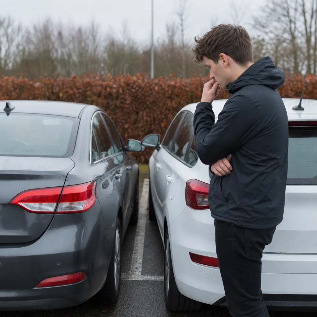 Två personbilar parkerade tätt intill varandra på en parkering med en person bredvid en av bilarna