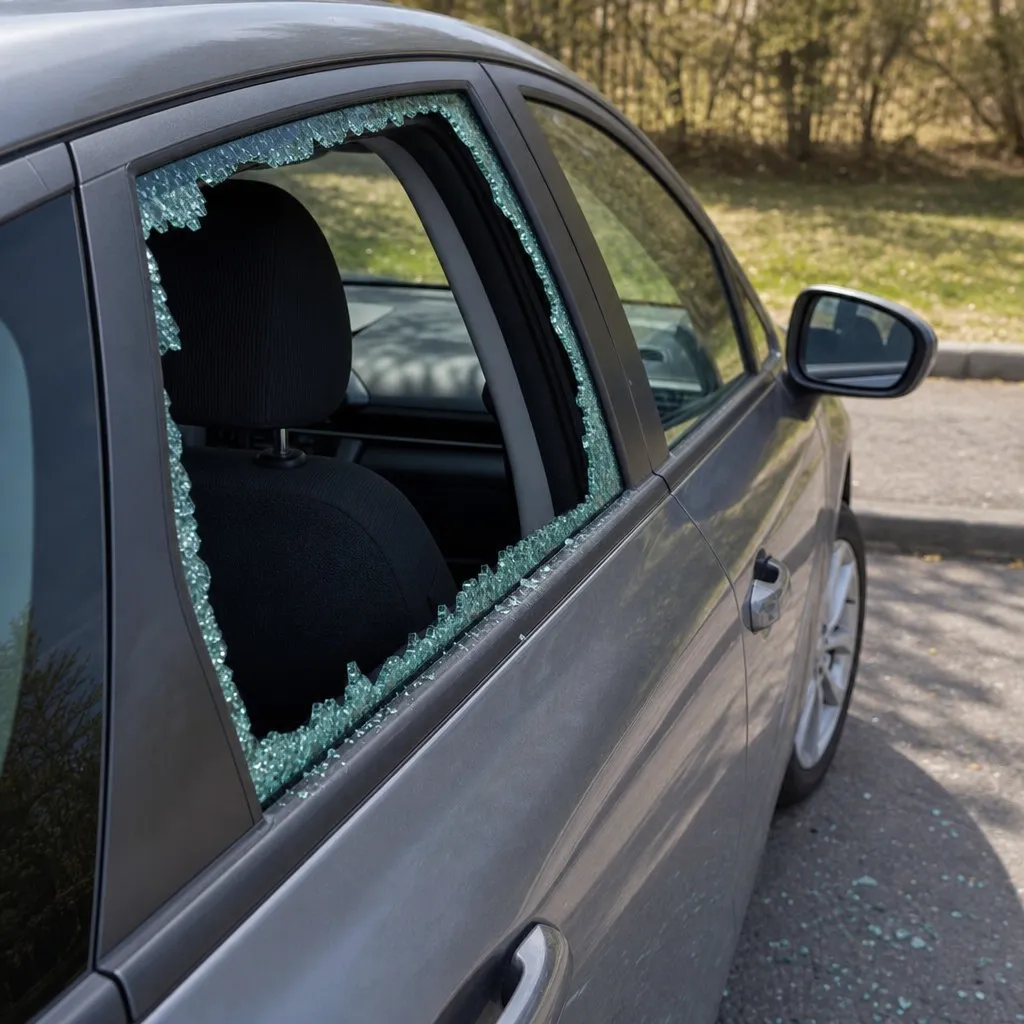 Brutet bilfönster med glassplitter på marken