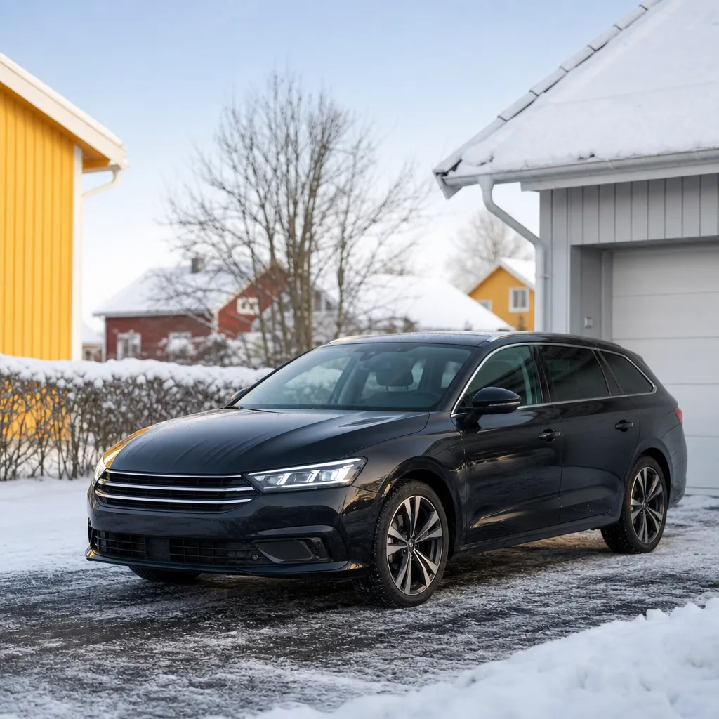 Mörk familjebil parkerad på snöig villauppfart en svensk vinterdag