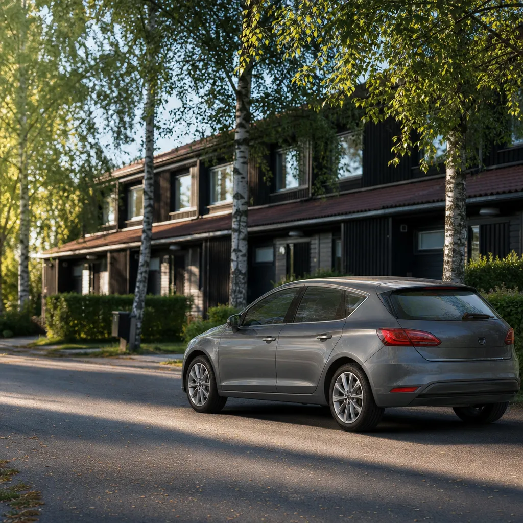 Mellanålders familjebil parkerad utanför svenskt radhus