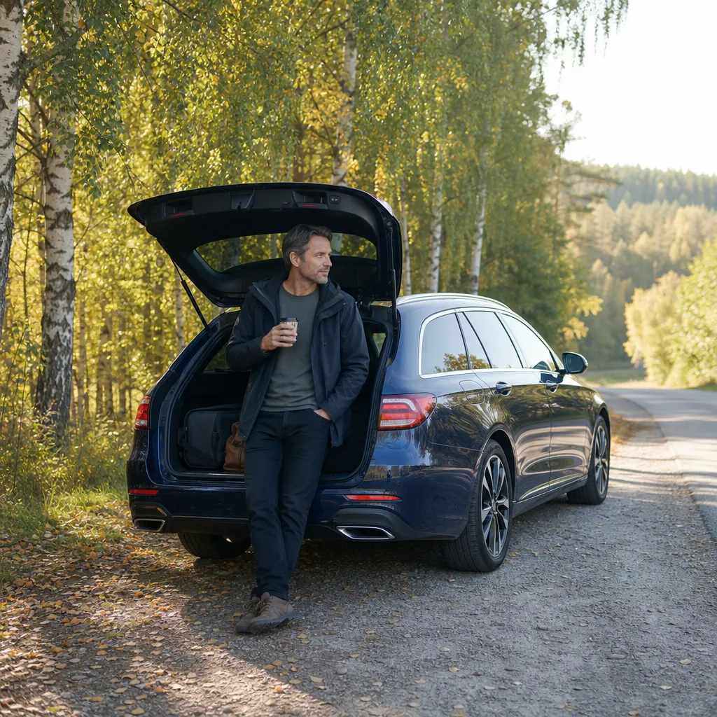 Person står vid bagageluckan på en mörkblå familjebil parkerad vid en skogskant en sensommardag