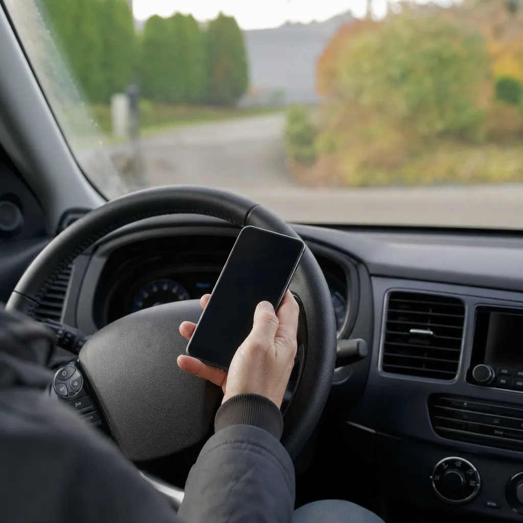 Hand som håller mobiltelefon ovanför ratten i en parkerad bil på en uppfart