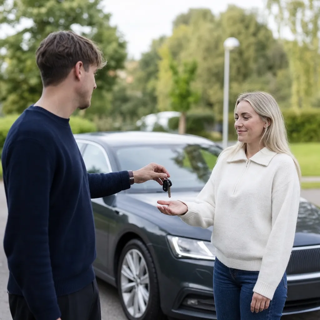 Bilförare lämnar över bilnycklar till en annan person framför en parkerad svensk bil