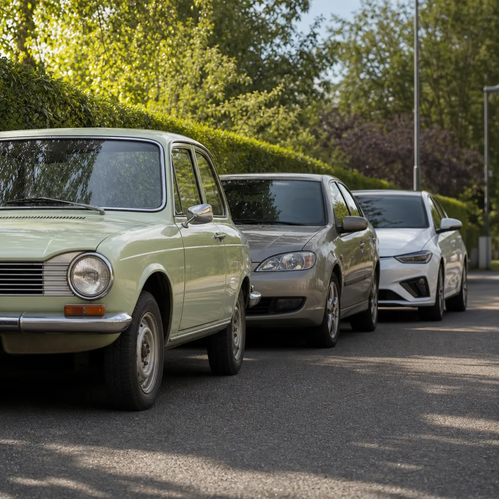 Tre bilar i olika ålder parkerade på rad på svensk gata sommardag