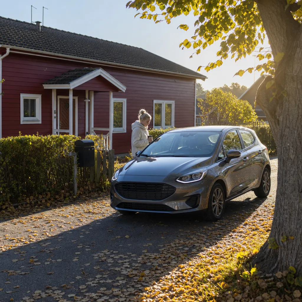 Vanlig svensk personbil parkerad utanför ett rött trähus i ett villaområde