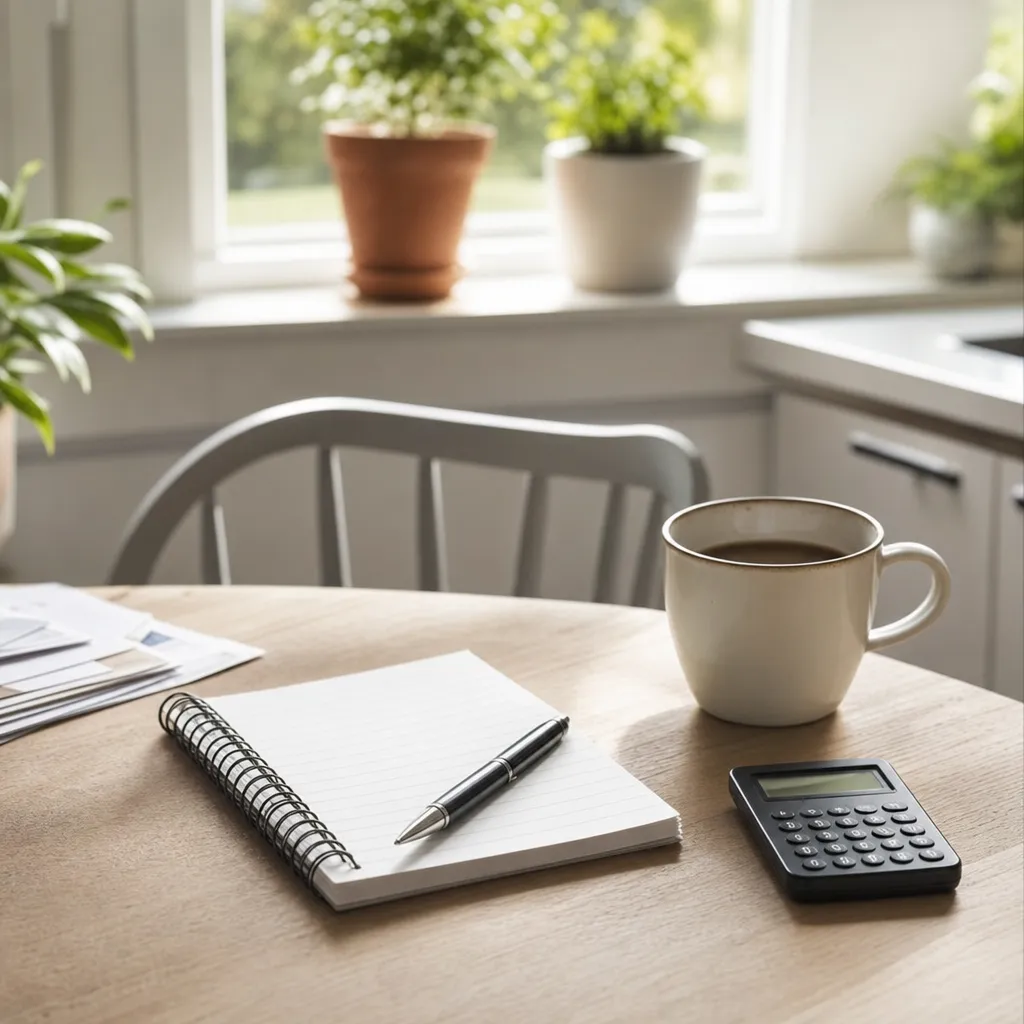Anteckningsblock, penna och miniräknare på ett ljust köksbord med kaffekopp bredvid