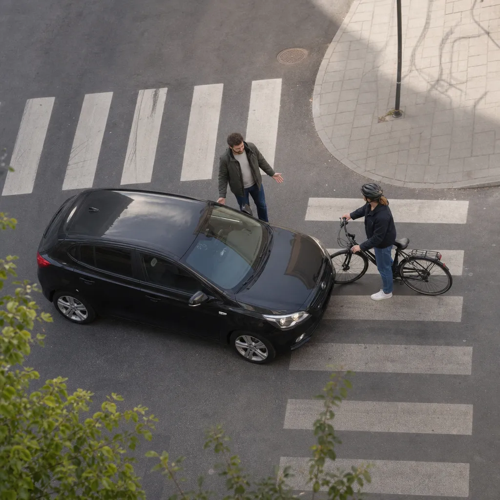 Bil och cyklist har stannat lugnt vid en korsning utan synliga skador