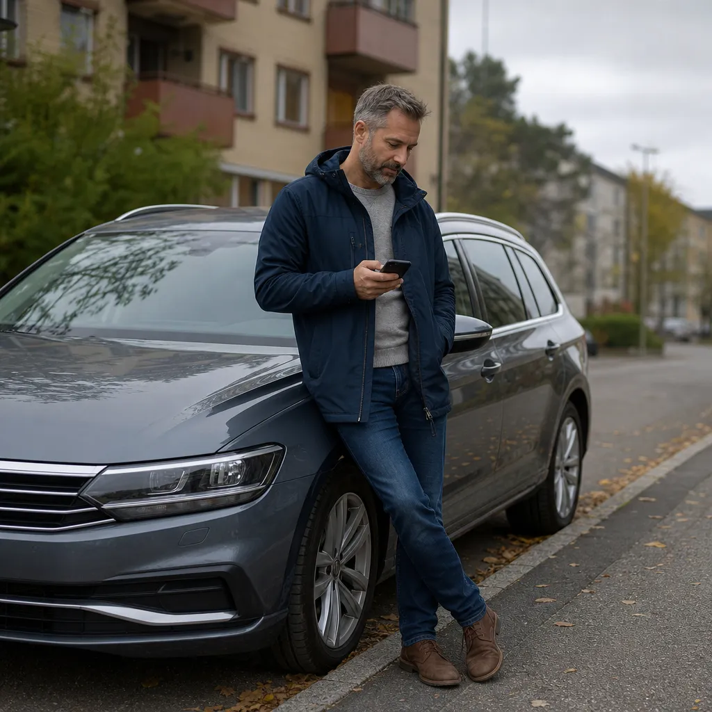 Man står med mobil i handen vid en parkerad bil på en gata med flerfamiljshus i bakgrunden
