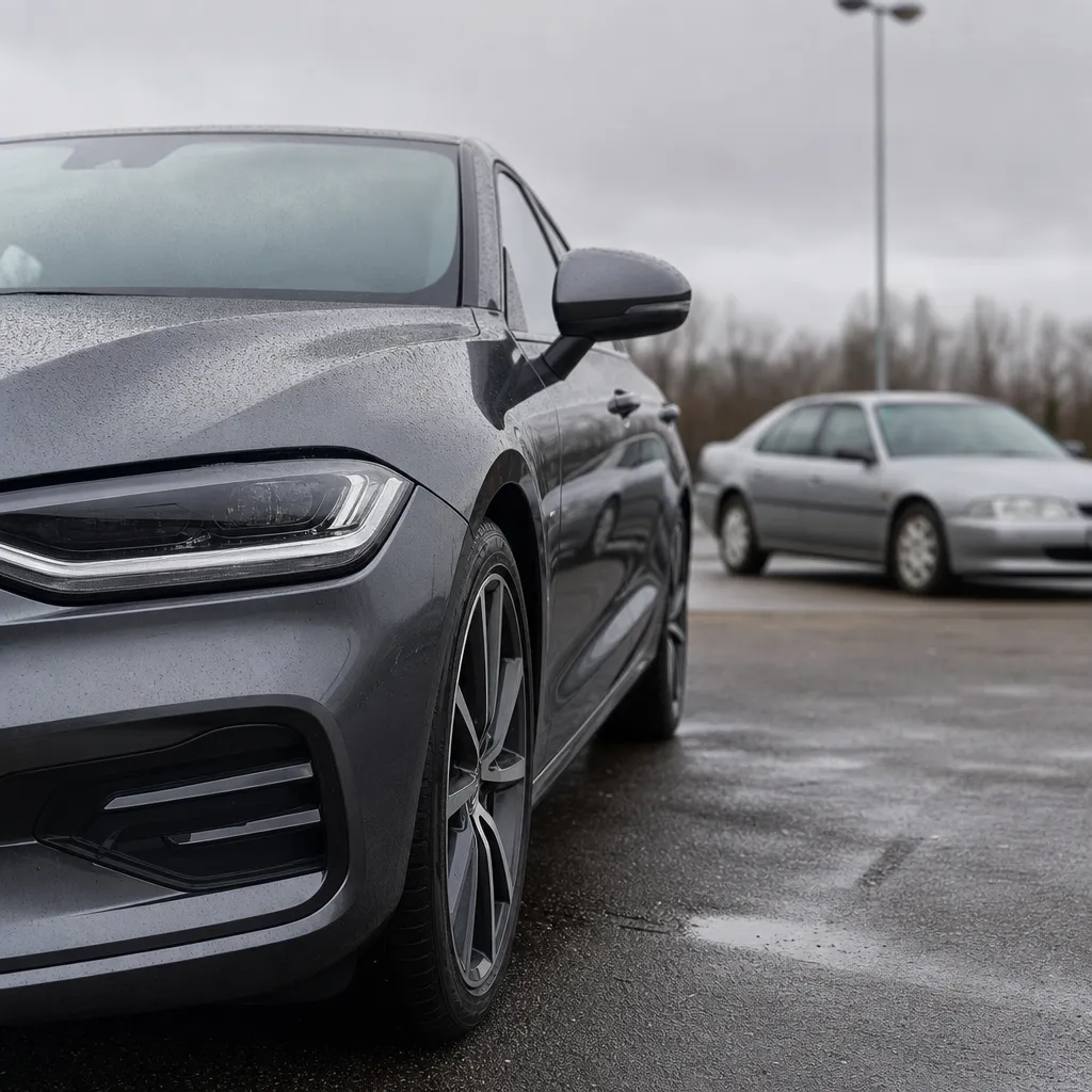 Ny och äldre bil parkerade utanför bilhandlare i mulet morgonljus