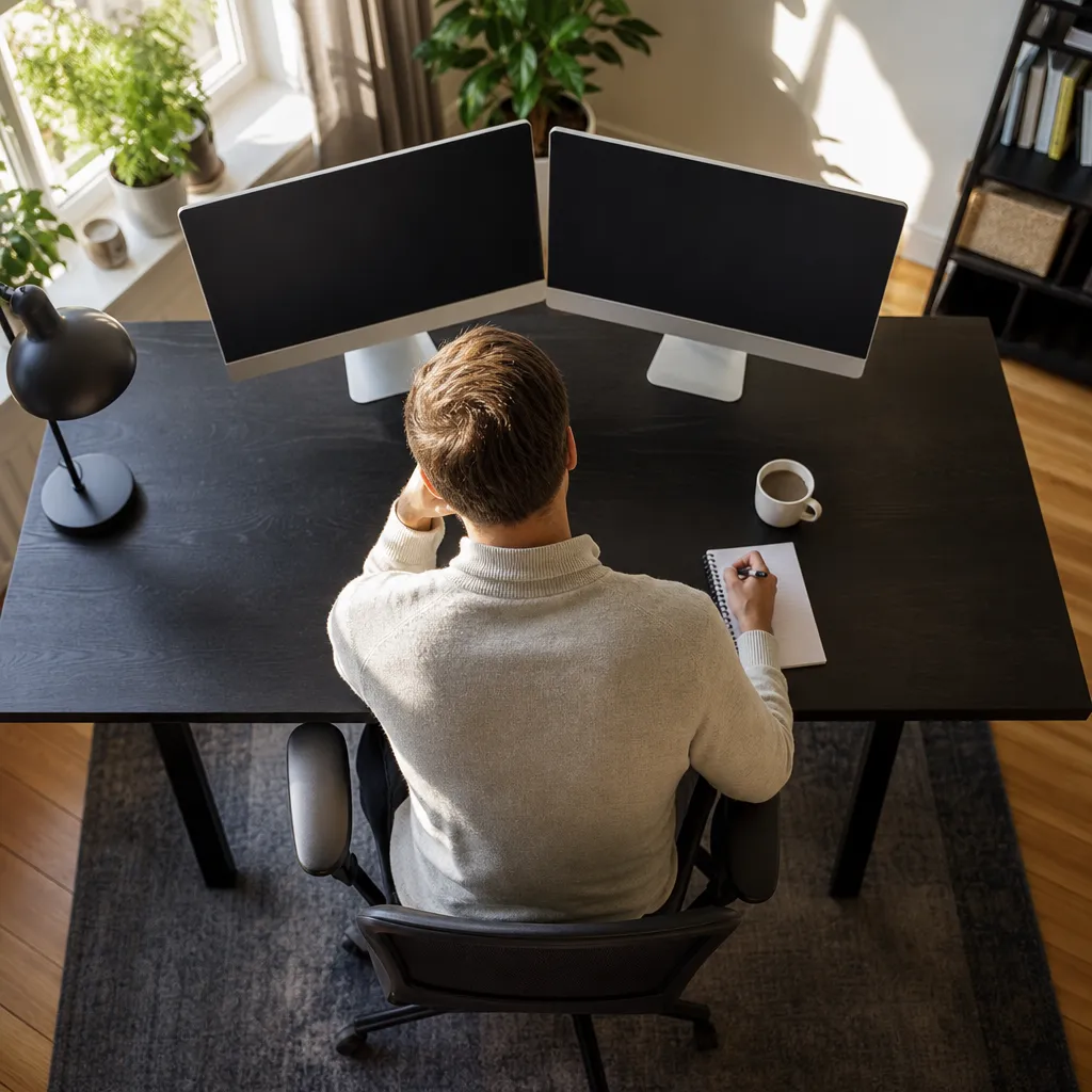 Person sitter vid skrivbord med två skärmar uppifrån, kaffekopp och anteckningsblock bredvid